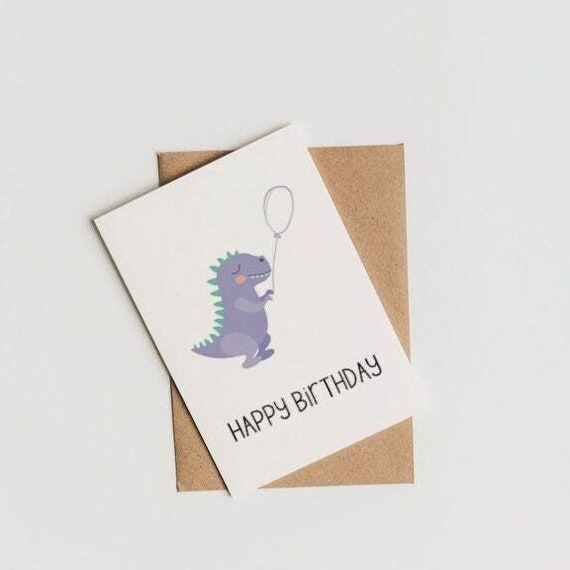 Dinosaur with balloon birthday card, personalised send direct option