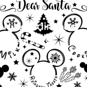 May include: Black and white printable Christmas list with the text "Dear Santa" and Mickey Mouse ears with the words "Milk", "Cookies", and "Reindeer Treats" inside the ears. The list also includes a Christmas tree, candy canes, snowflakes, and stars.