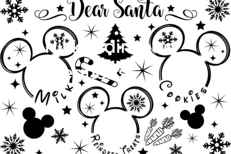 May include: Black and white printable Christmas list with the text "Dear Santa" and Mickey Mouse ears with the words "Milk", "Cookies", and "Reindeer Treats" inside the ears. The list also includes a Christmas tree, candy canes, snowflakes, and stars.