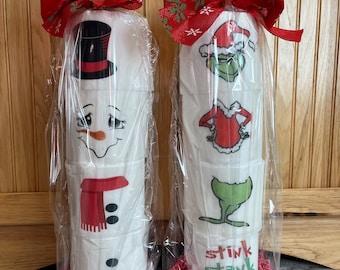 Snowman and green monster toilet paper decoration with plunger/Christmas gag gift