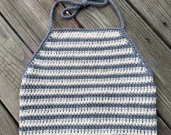 Crochet halter top, crop top with stripes and lace up back — size S/M — one of a kind!