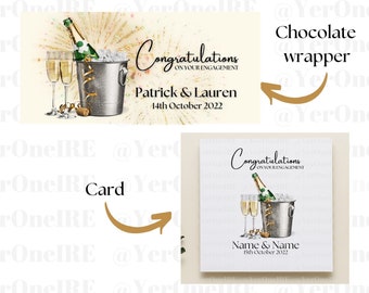 Personalised Congratulations on your engagement card and matching chocolate bar wrapper