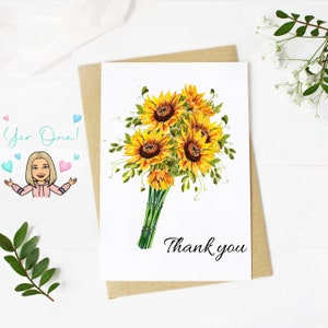 Thank you Card with Sunflowers, Custom made card, Personalised Card,  Rainbow Art, Personalised, Pretty card, Cute Card,