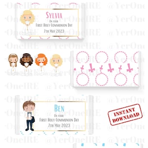 INSTANT DOWNLOAD - Cute First Holy Communion Chocolate Bar Wrapper, Personalised Communion Chocolate Bar Wrapper, Communion Boy Girl Choc