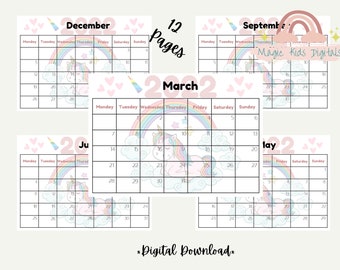 Printable Kids Calendar, Unicorn Calendar, Unicorn Kids Calendar, Kindergarten Monthly Calendar, Kids Activity Schedule,