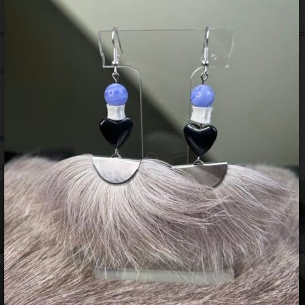 Caribou, black hematite heart, salmon bone, purple lace agate Drop Earrings