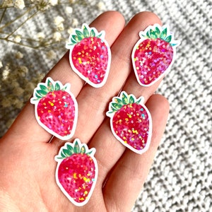 Tiny Strawberry Holographic Sticker, Trendy Girly Sticker Pack, Laptop Stickers, Small Fruit Ipad Stickers, Waterbottle Kindle 1 in Sticker