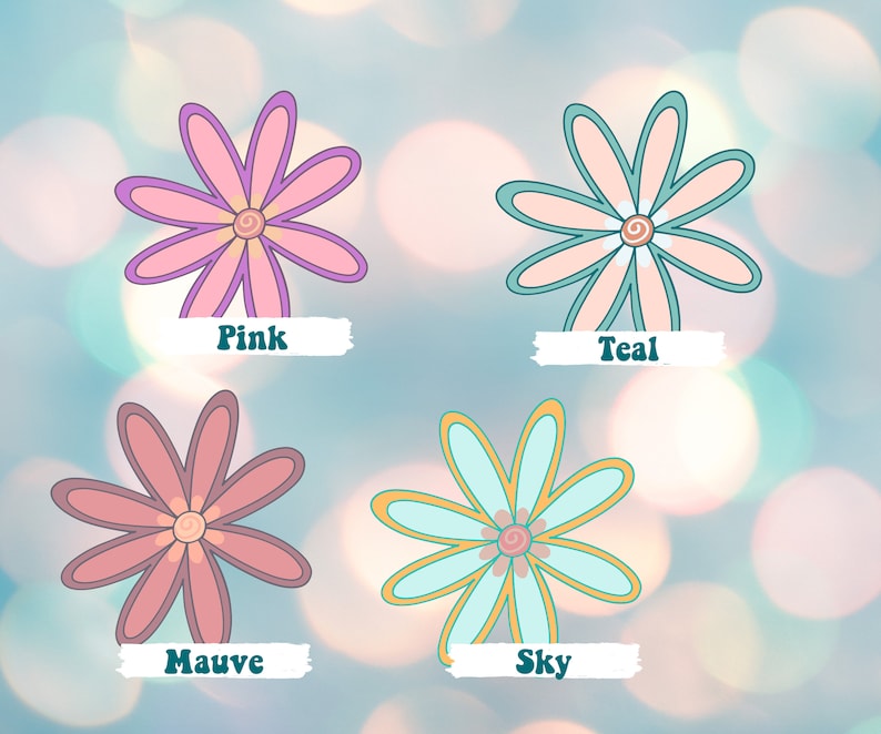 Peut inclure: Quatre motifs floraux color&eacute;s, de style r&eacute;tro, en rose, turquoise, mauve et bleu ciel. Chaque fleur pr&eacute;sente un motif en spirale central et est &eacute;tiquet&eacute;e avec sa couleur. L'arri&egrave;re-plan est flou.