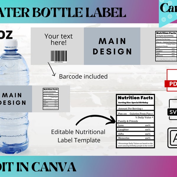 Water Bottle Label Template, Editable Water Bottle Labels, Chip Bag Template, Digital Download, Canva Template