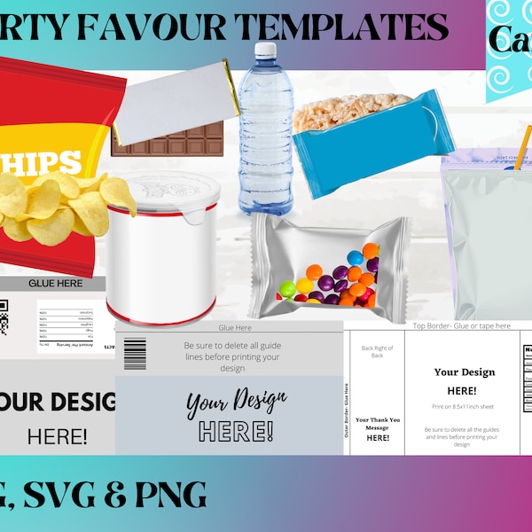 Party Favours Template Bundle, Chip Bag Template, Juice Pouch Label Template, Chocolate Wrapper Template, Canva Template, Digital Download