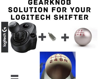 May include: A Logitech G shifter with a black gear knob and a silver gear knob with red numbers 1, 2, 4, 5, 6, and R. The text "GEAR KNOB SOLUTION FOR YOUR LOGITECH SHIFTER" is at the top of the image.