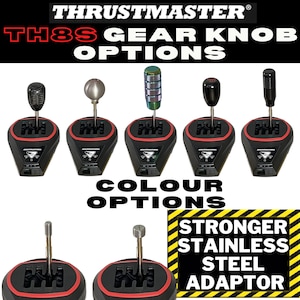 May include: Image of Thrustmaster TH8S gear knob options. The image shows several gear shift knobs in different colours and designs. The knobs are mounted on black bases with red accents. The text "COLOUR OPTIONS" is also visible.