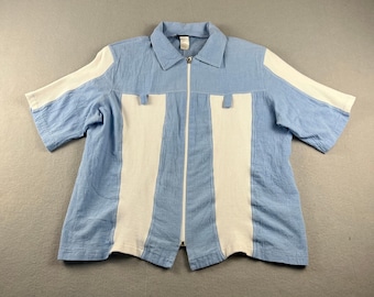 VTG Highlights Zip Up Shirt Womens Large Blue White Ribbed Panel Shoulder Pads