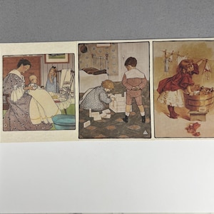May include: A triptych of vintage-style illustrations depicting domestic scenes. The first panel shows a person holding a baby, the second shows children playing with blocks on a patterned rug, and the third shows a child washing clothes in a tub.