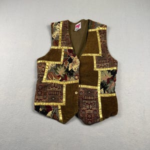 Keren Hart Patchwork Vest Women Small Brown Tapestry Corduroy Boho Artsy Vintage