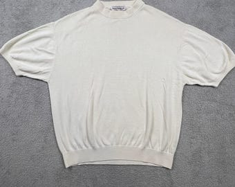 VTG Norm Thompson Seide Baumwolle Pullover Herren Große Creme Kurzarm Strick Retro