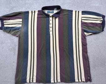 Vintage pikétröja herr stor flerfärgad randig bomullspiké retro 90-tal AM-PM