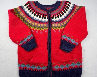 Ręcznie robiony sweter kardigan Fair Isle z zamkiem błyskawicznym, męski, XL, czerwony, wełniany, dzianinowy, nordycki, outdoorowy