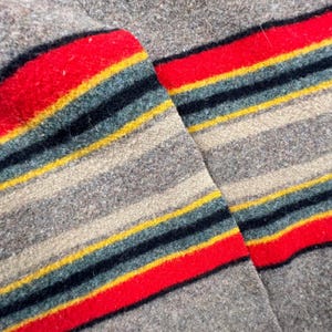 May include: A thick, textured wool blanket featuring a repeating pattern of horizontal stripes in vibrant red, bright yellow, and dark charcoal gray against a neutral, heathered taupe background, showcasing a dense, woven fabric construction.