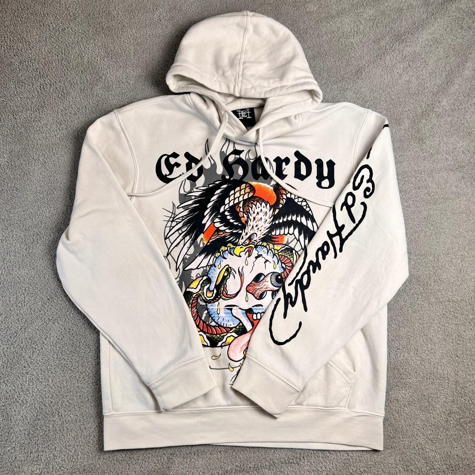 Ed Hardy Mens Hoodie Medium White Eagle Skull Snake Flames - Etsy