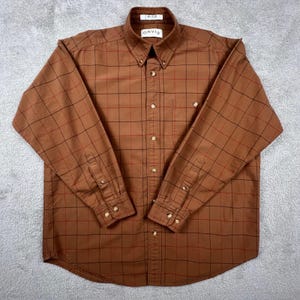 Orvis Button Down Shirt Mens L Brown Windowpane Plaid Cotton Outdoor Casual VTG