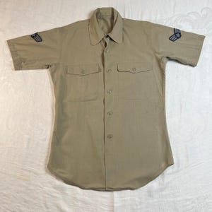 Vintage Air Force Utility Shirt Mens Size 16 Short Sleeve Rank Patches Tan