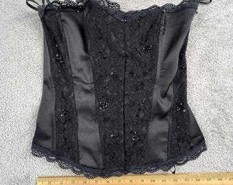 Corset Top Small Black Lace Beaded Satin Goth Burlesque Lingerie Y2K Forbidden
