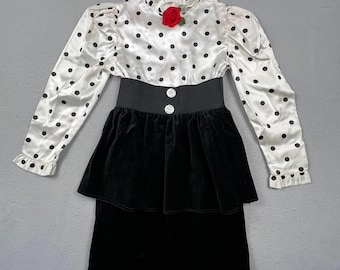 Vintage 80er Jahre Fashionland Originals Kleid Kindergröße 8 Weiß mit Polka Dots Samt Rose Retro