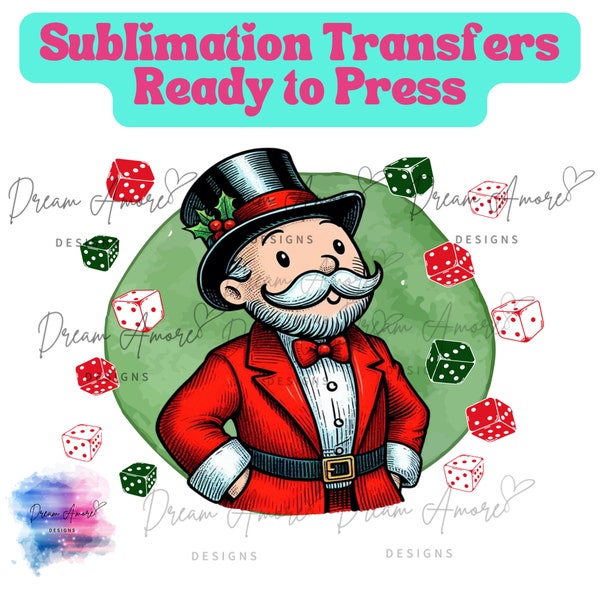Sublimation transfers ready to press | Mr. Monopoly Christmas Sublimation Transfer | Mr. Monopoly | Monopoly heat transfers