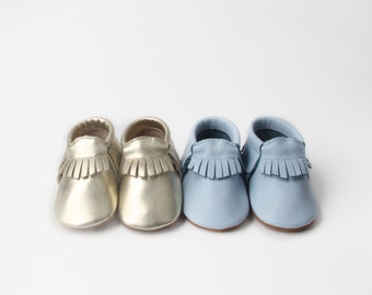 Genuine real leather baby Moccasin slipper with tassels in blue and gold, soft suede soles for extra grip