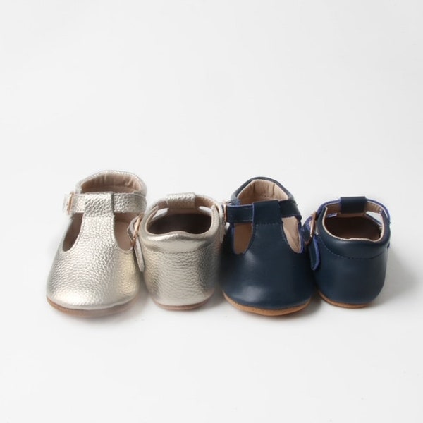 Soft Sole Leather Traditional T-Bar Baby Shoes in Navy Blue and Gold. Pre walker shoes for girls and boys, a perfect gift for baby & toddler