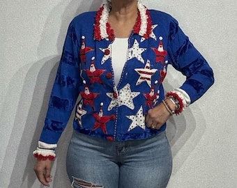 Jack B. Quick Blue USA Christmas Vintage Cardigan Sz M