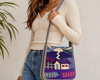 Borsa a tracolla boho con arazzo in lana con paesaggio andino peruviano.