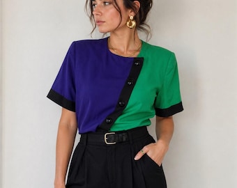 Giacca/Top a maniche corte vintage anni '90 Kasper Colorblock viola e verde, taglia 14
