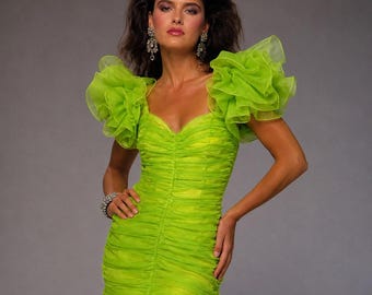 Abito da cocktail Julie Duroché in organza arricciata verde neon con maniche a sbuffo, taglia XS