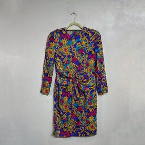 Abito Adrianna Papell 100% seta con stampa a foulard nei toni gioiello, taglia 8 immagine 2