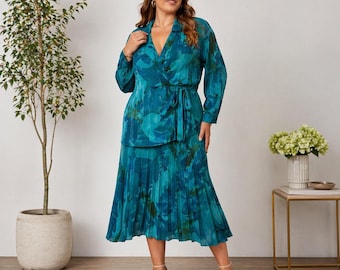 Conjunto de falda cruzada de dos piezas Carole Little azul verdoso con estampado floral, talla 18W, estilo vintage.