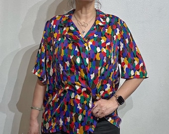 Camicetta La Chine Plus blu multicolore astratta taglia 20W Y2K