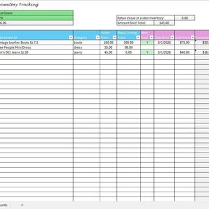 May include: A digital spreadsheet titled Consignment Sales & Inventory Tracking with columns for item number, date listed, title, category, listed price, retail listing price, item sold status, date sold, sold price, commission, and platform listed on.
