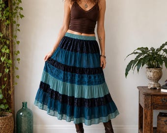 Agapo Teal Tiered Velvet Jacquard Boho Midi Skirt Sz S NWT