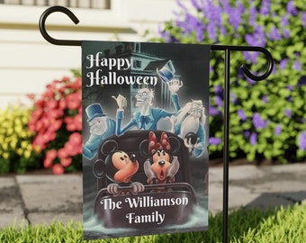 Personalized Haunted Mansion Flag: Mickey and Minnie Doombuggy Halloween Decor