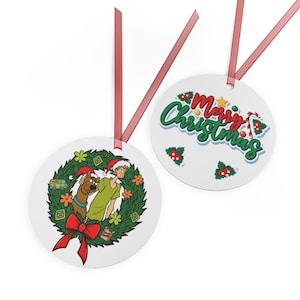 Cartoon dog retro from 1969 and his human best friend Scoo by Doo and Shag gy Christmas wreath metal ornament