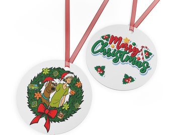 Cartoon dog retro from 1969 and his human best friend Scoo by Doo and Shag gy Christmas wreath metal ornament