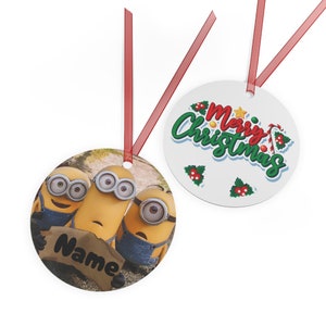 Minions from the  movie Despicable Me metal Christmas ornament featuring Kevin, Stuart, and Bob with optional name or city personalization
