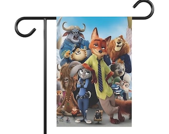 Disney Zootopia con Nick, Judy y otros personajes de la película Bandera para jardín o hogar, Banderas para exteriores, Decoración de jardín