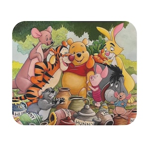 May include: A colourful illustration of Winnie the Pooh and his friends, including Tigger, Piglet, Eeyore, and Rabbit. They are gathered around a pile of honey pots, with the text "Hunny" written on some of them.