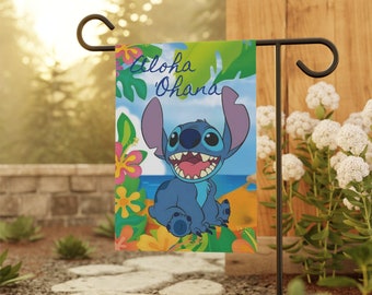 Stitch from Disney's movie Lilo and Stitch with Aloha 'Ohana sign Garden & House Banner flag