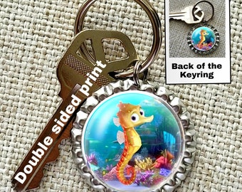 Sheldon Seahorse from Disney's Finding Nemo. Bottlecap keychain,keyring,bag charm,zipper pull kids,fish extender gift,memorabilia