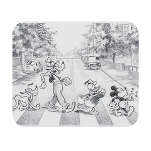 May include: Black and white pencil drawing of Mickey Mouse, Donald Duck, Goofy, and Pluto walking across a crosswalk, similar to the famous Abbey Road album cover.