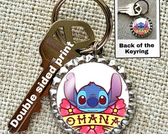 Disney Stitch Ohana, Bottlecap Keyring, Bag Charm, Gym bag, Zipper pull kids, Fish Extender gift, Lilo and Stitch, Keychain.